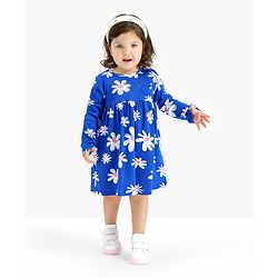 Bonfino 100% Cotton  Knit Full Sleeves Frock with Chest Pocket & Floral Print - Blue