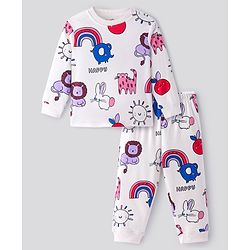 Bonfino 100% Cotton Knit Full Sleeves Night Suit With Animals Print - Off White