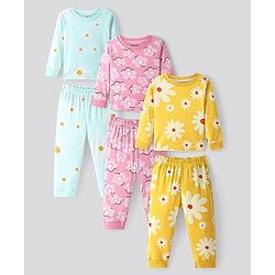 Bonfino 100% Cotton Knit Full Sleeves Night Suit with Floral Print Pack of 23 - Pink,Yellow & Blue