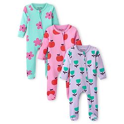 Bonfino 100% Cotton Knit Full Sleeves  Footed Sleep Suits with Floral & Apple Print Pack of 3 - Lavender Pink & Green