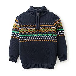 Bonfino 100% Cotton Knitted Full Sleeves High Neck Pullover Sweater with Aztec Design - Navy Blue