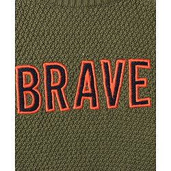 Bonfino Cotton Knitted Full Sleeves Pullover Sweater With Text Embroidery & Kangaroo Pockets - Olive Green