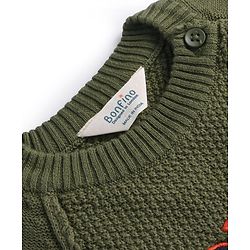 Bonfino Cotton Knitted Full Sleeves Pullover Sweater With Text Embroidery & Kangaroo Pockets - Olive Green