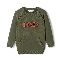 Bonfino Cotton Knitted Full Sleeves Pullover Sweater With Text Embroidery & Kangaroo Pockets - Olive Green