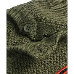 Bonfino Cotton Knitted Full Sleeves Pullover Sweater With Text Embroidery & Kangaroo Pockets - Olive Green