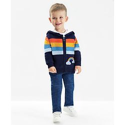 Bonfino 100% Cotton Knit Full Raglan Sleeves Striped Front Open Hooded Sweater with Fur Lining & Rainbow Embroidery - Navy Blue