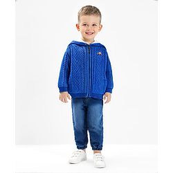 Bonfino 100% Cotton Knit Full Sleeve Front Open Hooded Sweater with Fur Lining & Cable Knit Design Car Embroidery - Blue