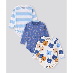 Bonfino 100% Cotton Knit Full Sleeves Striped & Bear Printed Onesies Pack Of 3 - Navy Blue & White