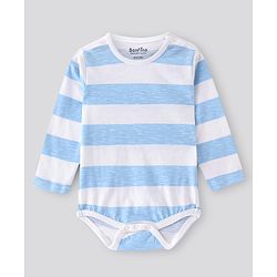 Bonfino 100% Cotton Knit Full Sleeves Striped & Bear Printed Onesies Pack Of 3 - Navy Blue & White