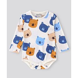 Bonfino 100% Cotton Knit Full Sleeves Striped & Bear Printed Onesies Pack Of 3 - Navy Blue & White