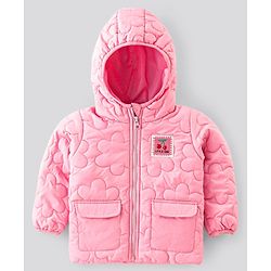 Bonfino Full Sleeves Patch Detailing & Floral Embroidered Hooded Puffer Jacket - Pink