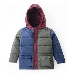 Bonfino Woven Full Sleeves Hooded Puffer Color Block Jackets With Pockets - Green Blue & Red