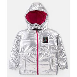 Bonfino Full Sleeve Hooded Puffer Jacket with Holographic Effect & Patch Detailing - Silver