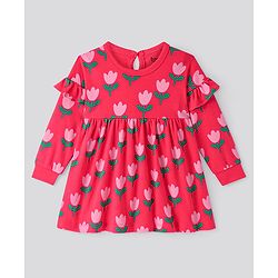 Bonfino 100% Cotton Knit Full Sleeves Floral Print Dress With Frill Detailing - Red