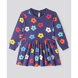 Bonfino 100% Cotton Knit Full Sleeves Floral Print Dress With 2 Side Pockets - Blue