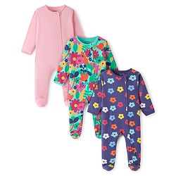 Bonfino 100% Cotton Knit Full Sleeves Floral Print Footed Rompers Pack of 3 - Mint Pink & Blue