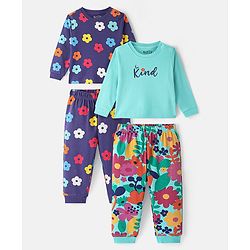 Bonfino 100% Cotton Knit Full Sleeves Night Suit with Floral & Text Print Pack of 2 - Mint & Blue