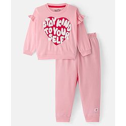 Bonfino 100% Cotton Knit Full Sleeves Sweatshirt & Leggings Winter Wear Set With Heart & Text Print - Pink