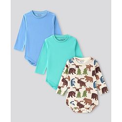 Bonfino 100% Cotton Knit Full Sleeves Solid & Animal Printed Onesies Pack Of 3 - Aqua Blue & White