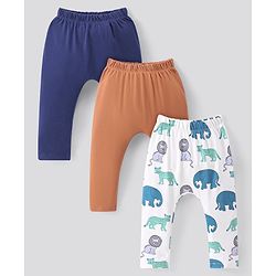 Bonfino 100% Cotton Knit Full Length Diaper Leggings Elephant Print Pack of 3 - Orange Blue & Off White
