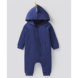 Bonfino 100% Cotton Knit Full Sleeves Hooded Romper with Dino Applique - Navy Blue
