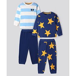 Bonfino 100% Cotton Knit Full Sleeves Striped & Star Printed Night Suits Pack of 2 - Navy Blue & White