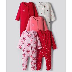 Bonfino 100% Cotton Knit Full Sleeves Footed Front Open Sleepsuits with Solid Striped & Animal Print Pack of 5 - White Brown & Green