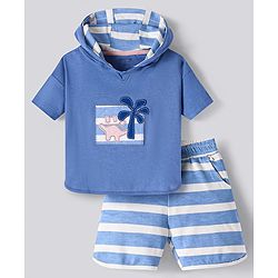 Bonfino 100% Cotton Knit Half Sleeves Hooded T-Shirt & Shorts Set with Striped & Chest Beach Theme Patch - Blue