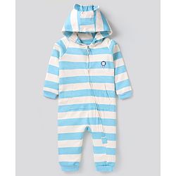 Bonfino 100% Cotton Knit Full Sleeves Front Open   Striped Hooded Romper with Hippo Print - White &Blue