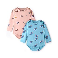 Bonfino 100% Cotton  Knit Full Sleeves Onesies with Animal Print Pack of 2 - Blue & Peach