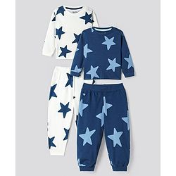Bonfino 100% Cotton  Knit Full Sleeves Night Suits with Star Print Pack of 2 - Navy Blue & White