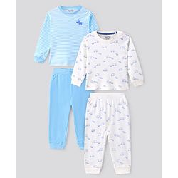 Bonfino 100% Cotton Knit Full Sleeves Night Suit Elephant & Rhino Print Pack of 2 - White & Blue