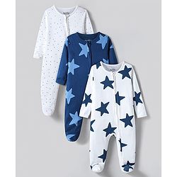 Bonfino 100% Cotton Knit Full Sleeve Polka Dots & Star Printed Footed Sleep Suits Pack Of 3 - White & Navy Blue