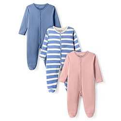 Bonfino Cotton Knit Full Sleeves Solid & Striped Sleep Suits Pack of 3 - Blue White & Peach