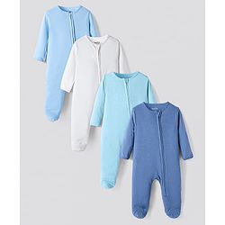 Bonfino 100% Cotton Knit Full Sleeve Sleepsuits With Solid Color Pack Of 4 -Blue & White