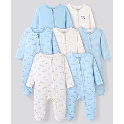 Bonfino  100% Cotton Knit Full Sleeve Solid Striped & Elephant Printed  Footed Sleep Suits Pack Of 7 - Light Blue & White