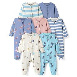 Bonfino Cotton Knit Full Sleeves Sleep Suits With Stripes & Animal Print Pack of 7 - Blue White & Peach