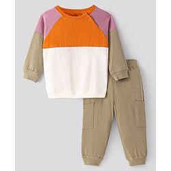 Bonfino 100% Cotton Knit Full Sleeves Colour Block T-Shirt & Pant Set - Olive Green Orange & White