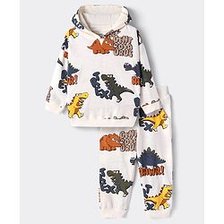 Bonfino 100% Cotton Knit Full Sleeves Dino Printed Hooded T-Shirt & Lounge Pant Set - White