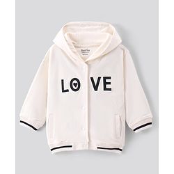 Bonfino 100% Cotton French Terry Knit Full Sleeves Hooded  Sweatjacket with  Text  Embroidery - Ivory