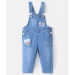 Bonfino  Cotton Spandex Knit Sleeveless Dungaree with Heart & Butterfly Embroidery - Blue