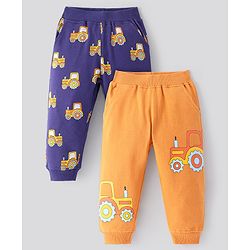 Bonfino 100% Cotton Knit Full Length Lounge Pants With Tractors Print Pack Of 2 - Navy & Orange