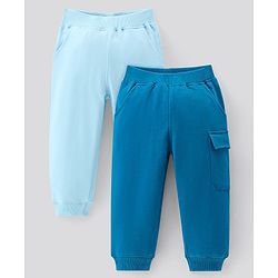 Bonfino 100% Cotton Knit Full Length Solid Lounge Pants With Cargo Pockets Pack Of 2 - Light Blue & Navy
