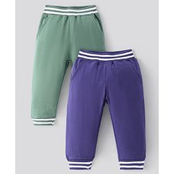 Bonfino 100% Cotton Knit Full Length Solid Lounge Pants With Tipping Rib Detail Pack Of 2 - Green & Blue