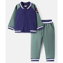 Bonfino 100% Cotton French Terry Knit Full Sleeves Colour Block Bomber Jacket & Jogger Set - Blue & Green