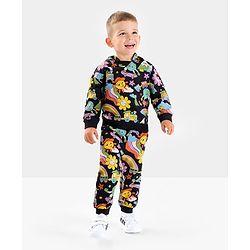 Bonfino 100% Cotton Knit Full Sleeves Floral Printed Hoodie & Joggers Winter Wear Co-Ord Set - Black