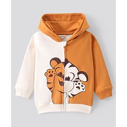Bonfino 100% Cotton French Terry Knit Full Drop Shoulder  Sleeves Front Zipper   Hooded Sweatjacket with Chest Tiger Print - Off White & Orange