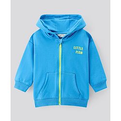 Bonfino 100% Cotton French Terry Knit Full Sleeves Front Open Drop Shoulder Hooded Sweatjacket with Text Print - Sky Blue