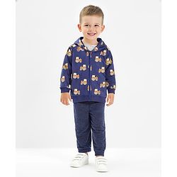 Bonfino 100% Cotton French Terry Knit Full Sleeves Front Open Hooded Sweatjacket with Vehicles Print - Blue