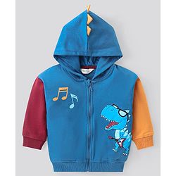 Bonfino 100% Cotton French Terry Knit Full Sleeves Colour Block Drop Shoulder Front Zipper Hooded Sweatjacket  with Dino Chest Print & Applique - Blue